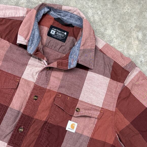 Carhartt Button Up Shirt Mens Extra Large Maroon Buffalo Plaid Comfort Relaxed - Picture 3 of 10